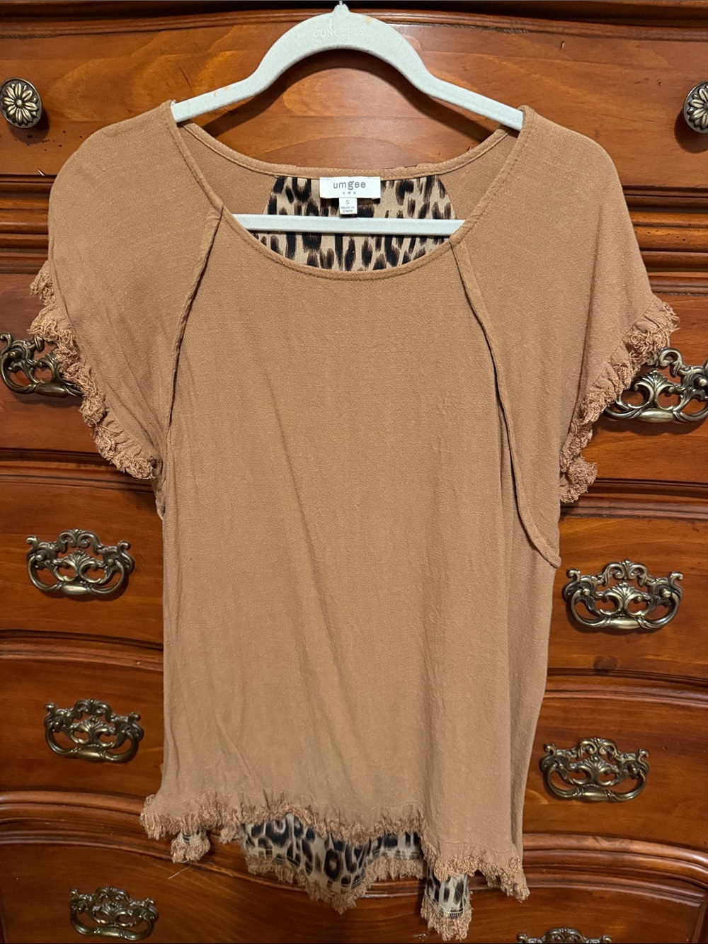 Umgee Tan Short Sleeve Fringe Tunic with Leopard Trim
